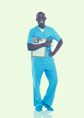 Male doctor standing with folder, isolated on white background