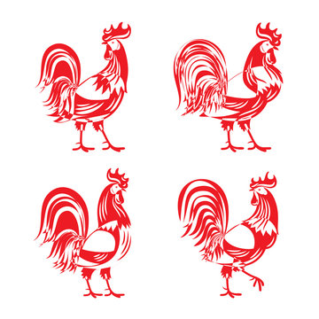 Vector modern stylized red cockerel rooster silhouette set isolated on white
