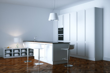 New white contemporary kitchen furniture in minimalistic room