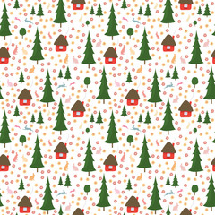 rabbits running around in the woods, the houses, Christmas trees, seamless pattern on white background