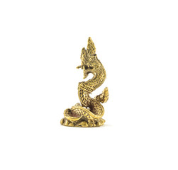 Closeup small brass king naga statue isolated on white background