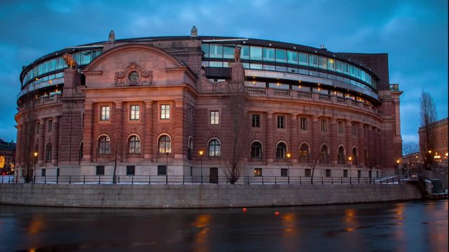 Moving time lapse of the parliament building of Sweden, located in Stockholm. In swedish called Riksdagen