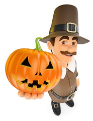 3D Thanksgiving man with a big pumpkin