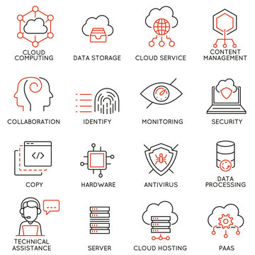 Vector set of 16 modern thin line icons related to cloud computing service and data storage. Simple mono line pictograms and infographics design symbols - part 1