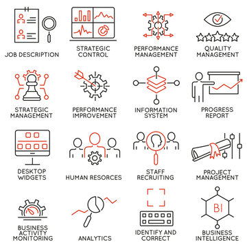 Vector Set of 16 Modern Thin Line Icons Related to Strategy Mana