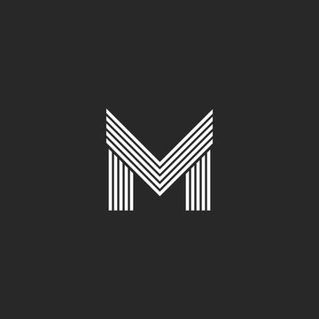 Monogram M letter logo hipster initial emblem template, black and white flat thin line mockup capital symbol design element