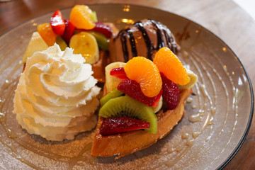 waffle ice cream fruit dessert