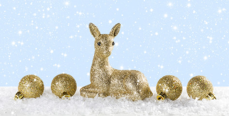 Christmas background with reindeer and Christmas balls. Panorami