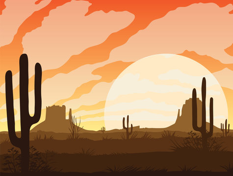 A high quality background of landscape with desert and cactus. Sunset on a background of a mountain landscape. Flat style.