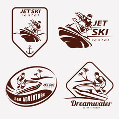 jet ski set of stylized vector symbols, emblem and label or logo