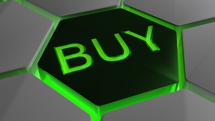 BUY on futuristic hexagon in green backlight
