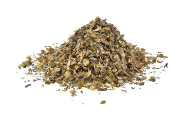 Powder, oregano, white background.