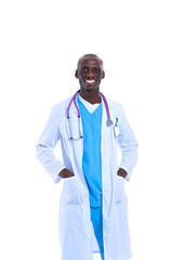 Portrait of a doctor man standing isolated on white background