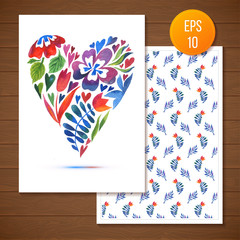 Vector illustration of flower heart frame. Multiolor floral drawing watercolor. Card design for Valentine's Day or weddings. Spring  summer   invitation and greeting cards