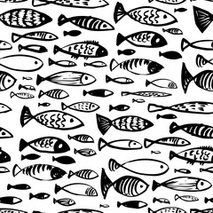 Hand drawn seamless pattern with doodle fishes. Ink illustration