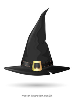 Black witch hat. Headdress. Halloween symbol. Cartoon vector illustration isolated on white background