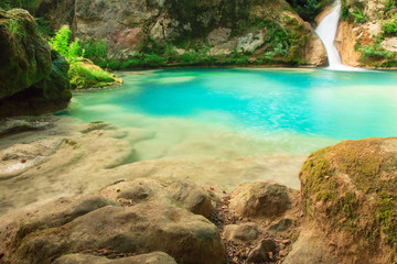 Fototapeta premium Waterfalls of mountain river Urederra. Nacedero del Udererra, Sp