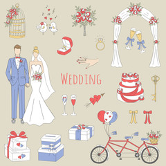 Vector set of hand drawn wedding icons bride, groom, wedding cake, bicycle, bouquet, ring, arch, gift box, birdcage isolated doodle sketch illustrations.