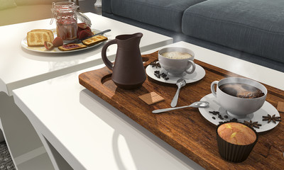 3d rendering nice coffee set and pastry for breakfast on the table with sun glare