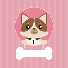 Cute Little Dog and Bone label, vector cartoon
