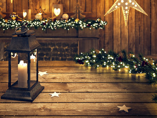 christmas wooden table with lantern and ornament. 3D RENDERING © 2mmedia