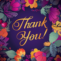 Thank you card in bright colors. Stylish floral background with text, berries, leaves and flower