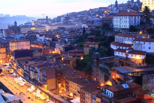 Hill with old town of Porto at sunset, Portugal