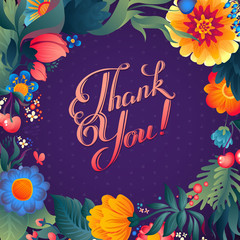 Fototapeta na wymiar Thank you card in bright colors. Stylish floral background with text, berries, leaves and flower