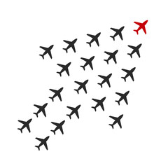 Leadership business concept with group of plane following behind the red leader. Vector teamwork illustration.