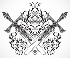 Crossed medieval swords with ornament. Tattoo art. Vintage hand drawn vector illustration