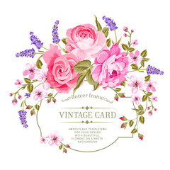 Fototapeta na wymiar Spring flowers bouquet for vintage card. Pink peony with a vintage label isolated over white background. Vector illustration.