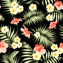 Tropical flowers and jungle palms. Beautiful fabric pattern with a tropical plumeria isolated over black background. Seamless texture. Vector illustration.