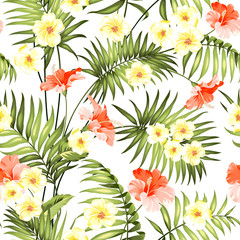 Seamless tropical flower. Tropical flowers and jungle palms. Beautiful fabric pattern with a tropical flowers isolated over white background. Blossom plumeria for seamless pattern background.