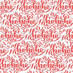 Materiał do szycia Vector seamless pattern with hohoho calligraphy on white isolated background. Christmas wrapping and textile design.
