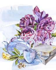 Collection of watercolor illustration on the theme  tea.