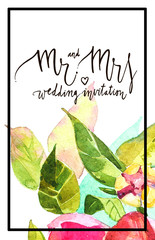 Watercolor background whith decorative letter Mr and mrs