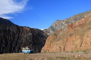Cotahuasi Canyon Peru, van camping on overlooking platform, one of the deepest and most beautiful canyons in the world