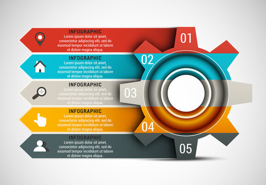 Gear and Arrow Element Business Infographic with Grayscale Icon Set