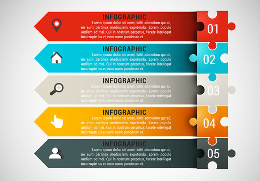 Puzzle Piece and Arrow Element Business Infographic with Grayscale Icon Set