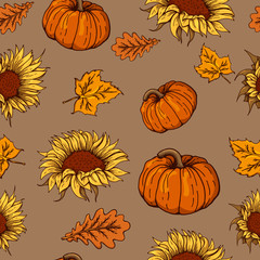 Autumn pattern with sunflowers and pumpkins