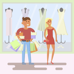 Style people, couple on shopping mall background. Vector illustration in the simple flat design. 