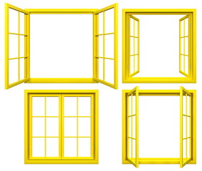 Collection of yellow window frames isolated on white