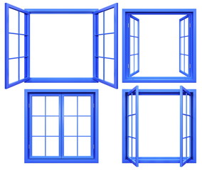 Collection of blue window frames isolated on white
