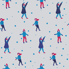 Winter seamless pattern with cartoon girls. Young girls dancing on a snowy hill. Christmas time. Funny and simply cute pattern. Vector