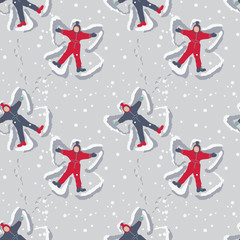 Winter seamless pattern with cartoon peoples. Young childs on a snowy hill do snow angel. Christmas time. Funny and simply cute pattern. Vector - 124642236