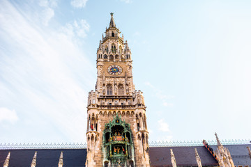 Close-up view on the clock tower of the main town hall on Mary's square in Munich, Germany