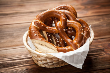 Pretzels on wooden table