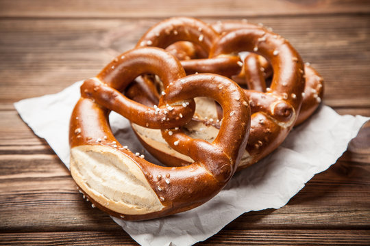 Pretzels on wooden table