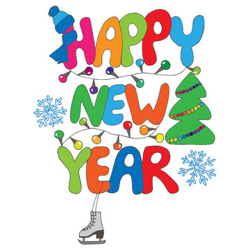 Colorful Happy New Year text with snowflake, skates, tree and ga