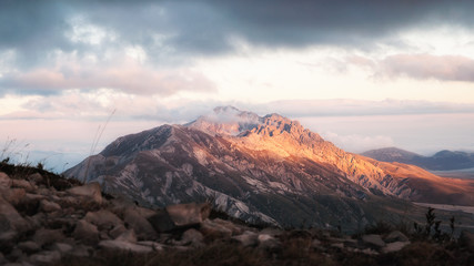 Naklejka na ściany i meble Beautiful sunset on Mount Prena peak of the Gran Sasso of Italy.